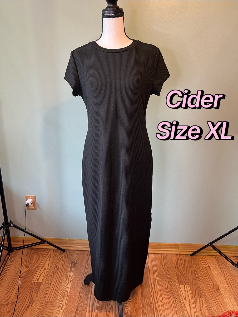 Cider Black Ribbed Short Sleeve Maxi Dress Size XL